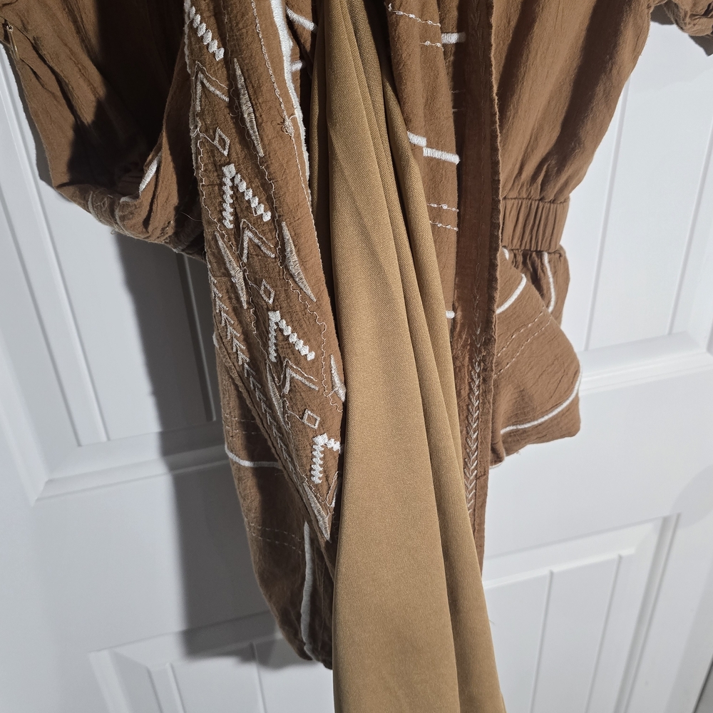 ROOLEE Brown Embroidered Midi Dress Small Boho Cottagecore Prairie Cotton Lined - Picture 8 of 9